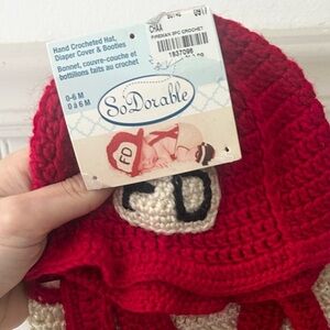 ⭐️ NEW Crochet Fireman Baby Red and Cream Hand Crocheted Baby Outfit